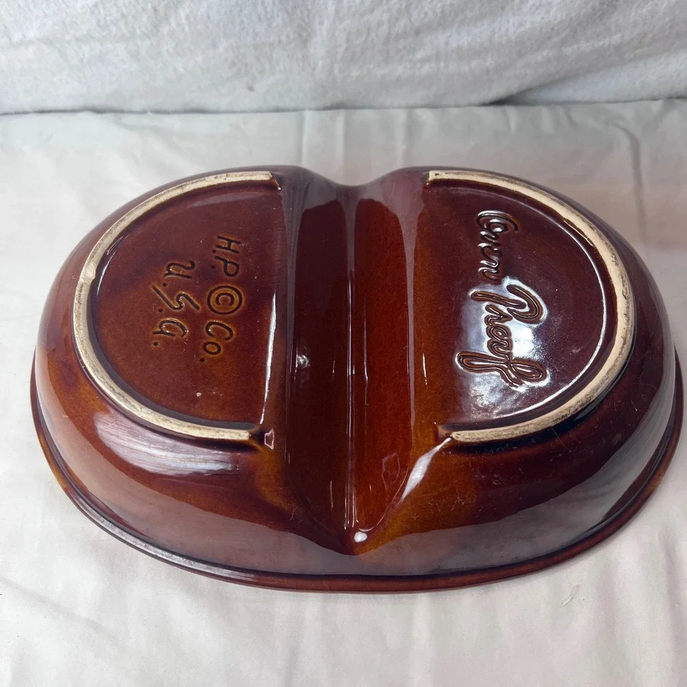 Hull Pottery Brown Drip Glaze Divided Serving Dish Oven Proof USA 10.5 Inch Oval